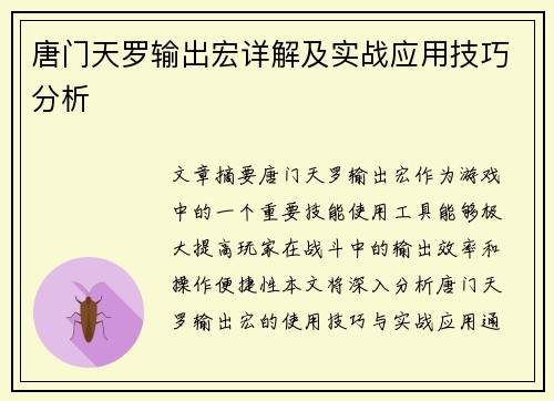 唐门天罗输出宏详解及实战应用技巧分析